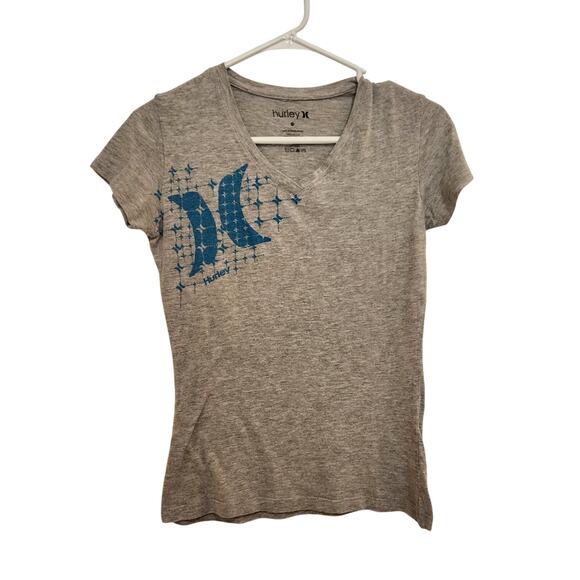 Hurley Y2K Heather Gray Slim Tee Shirt Top with Blue Graphic Casual Size Medium - Picture 1 of 4